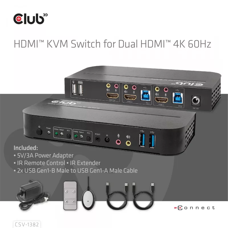 Conmutador KVM CLUB3D CSV-1382 Dual HDMI 4K 60Hz USB
