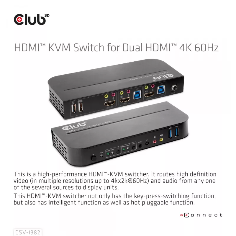 Conmutador KVM CLUB3D CSV-1382 Dual HDMI 4K 60Hz USB