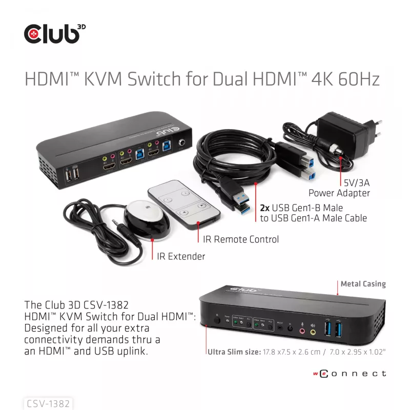 Conmutador KVM CLUB3D CSV-1382 Dual HDMI 4K 60Hz USB