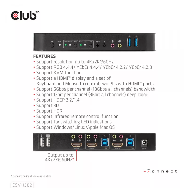 Conmutador KVM CLUB3D CSV-1382 Dual HDMI 4K 60Hz USB