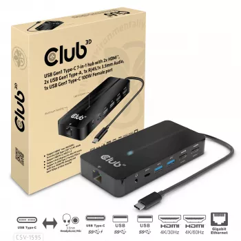 CLUB3D Hub Type-C 7 en 1 con 2x HDMI, 2x USB Gen1 Type-A, 1x RJ45, 1x audio de 3,5 mm, 1x conector hembra USB Gen1 Type-C 100W