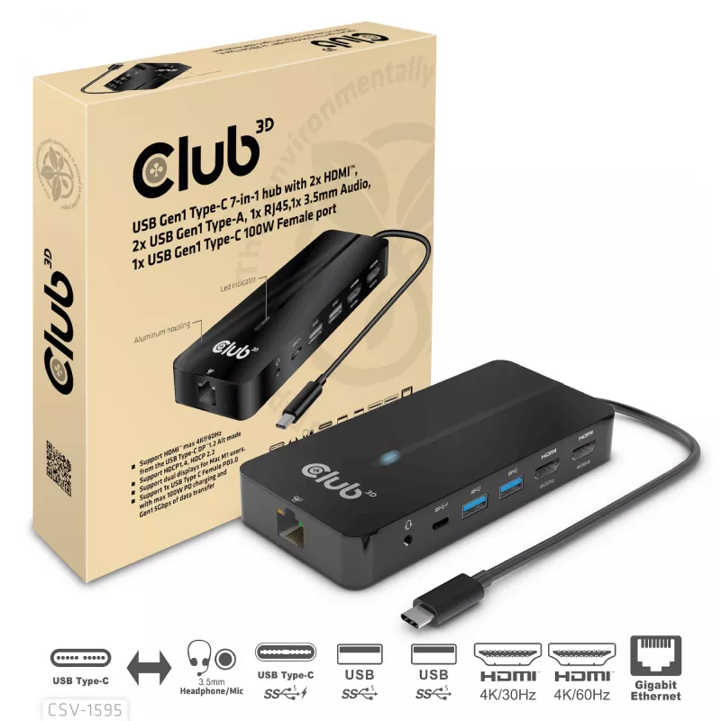 CLUB3D Hub Type-C 7 en 1 con 2x HDMI, 2x USB Gen1 Type-A, 1x RJ45, 1x audio de 3,5 mm, 1x conector hembra USB Gen1 Type-C 100W