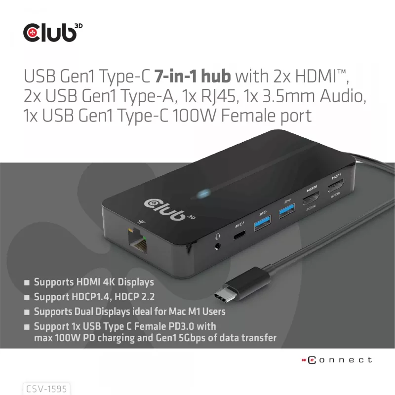 CLUB3D Hub Type-C 7 en 1 con 2x HDMI, 2x USB Gen1 Type-A, 1x RJ45, 1x audio de 3,5 mm, 1x conector hembra USB Gen1 Type-C 100W