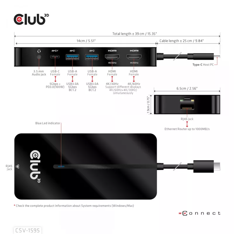 CLUB3D Hub Type-C 7 en 1 con 2x HDMI, 2x USB Gen1 Type-A, 1x RJ45, 1x audio de 3,5 mm, 1x conector hembra USB Gen1 Type-C 100W