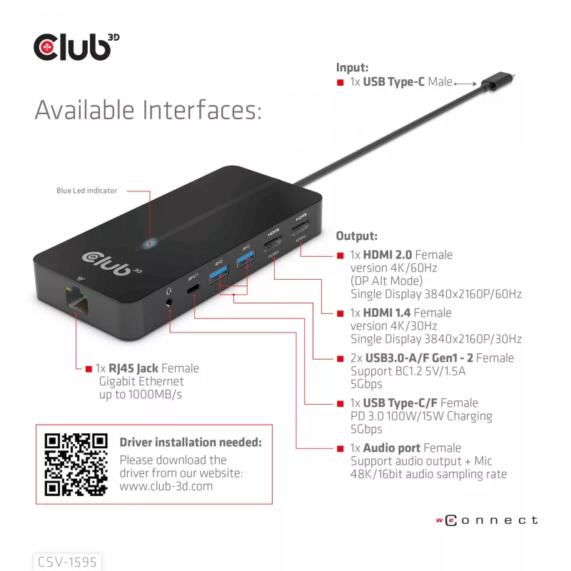 CLUB3D Hub Type-C 7 en 1 con 2x HDMI, 2x USB Gen1 Type-A, 1x RJ45, 1x audio de 3,5 mm, 1x conector hembra USB Gen1 Type-C 100W