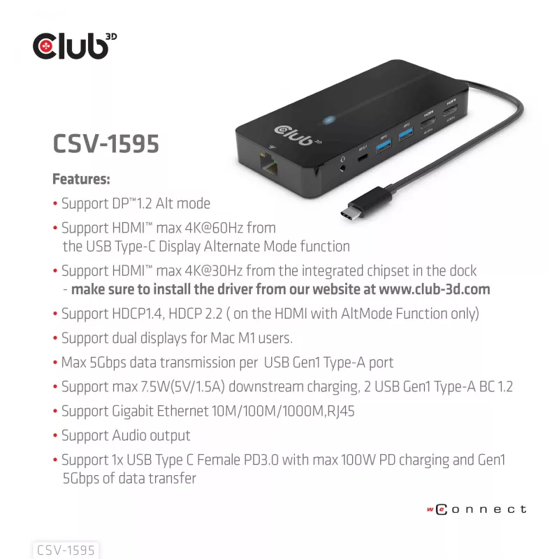 CLUB3D Hub Type-C 7 en 1 con 2x HDMI, 2x USB Gen1 Type-A, 1x RJ45, 1x audio de 3,5 mm, 1x conector hembra USB Gen1 Type-C 100W