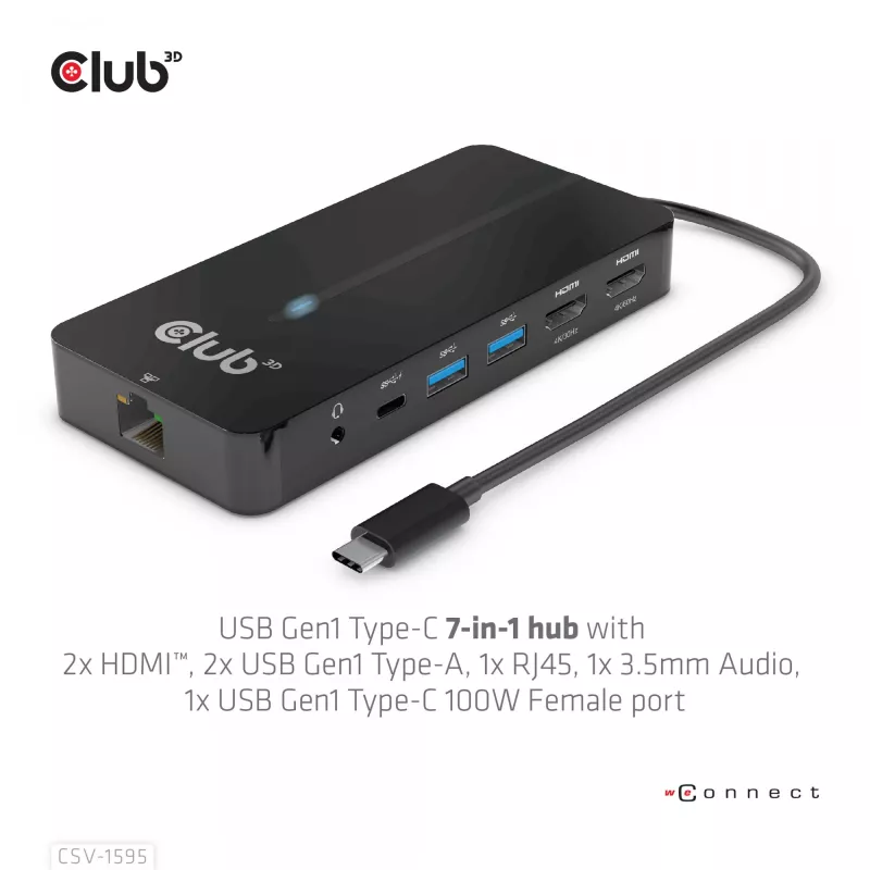 CLUB3D Hub Type-C 7 en 1 con 2x HDMI, 2x USB Gen1 Type-A, 1x RJ45, 1x audio de 3,5 mm, 1x conector hembra USB Gen1 Type-C 100W