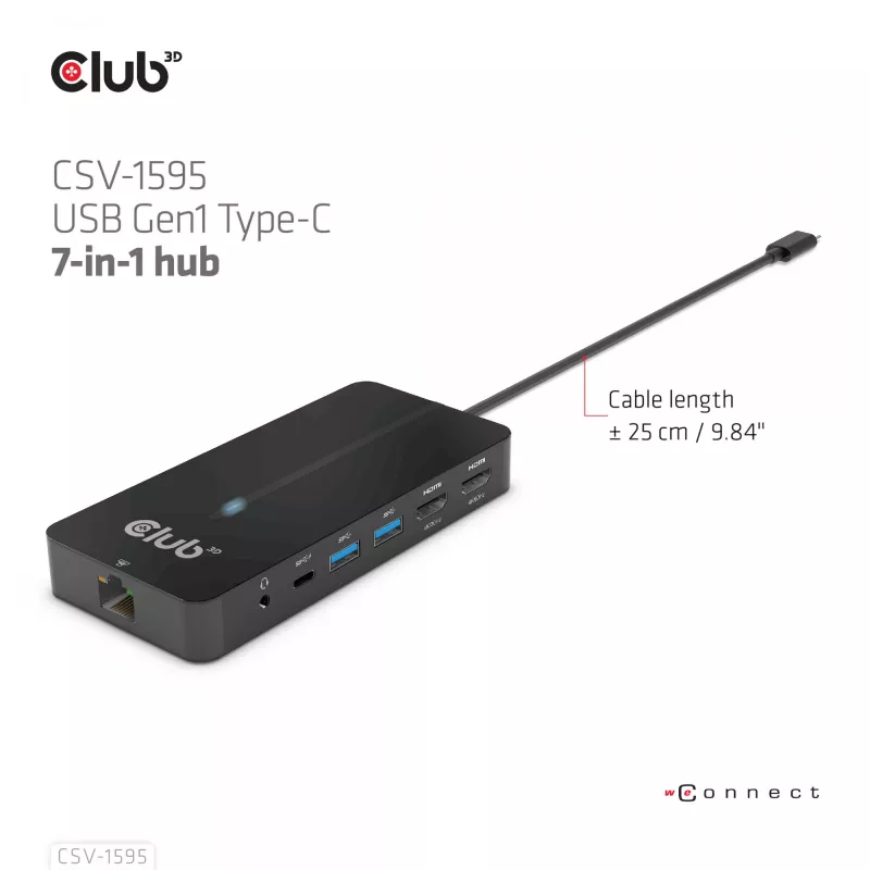 CLUB3D Hub Type-C 7 en 1 con 2x HDMI, 2x USB Gen1 Type-A, 1x RJ45, 1x audio de 3,5 mm, 1x conector hembra USB Gen1 Type-C 100W