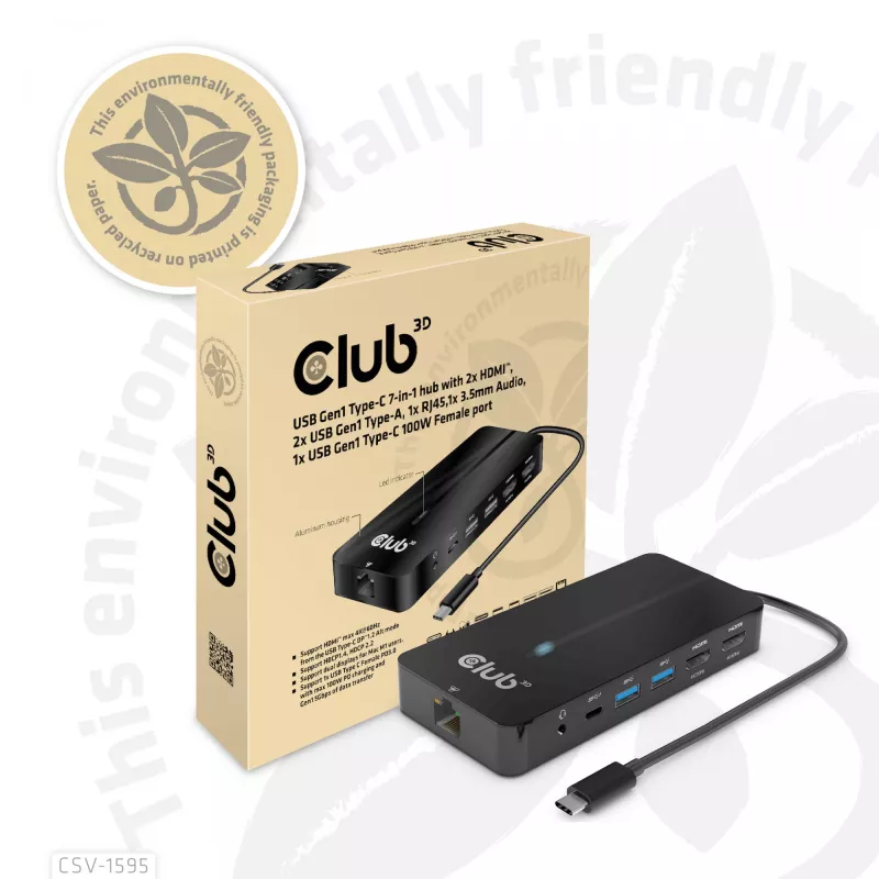 CLUB3D Hub Type-C 7 en 1 con 2x HDMI, 2x USB Gen1 Type-A, 1x RJ45, 1x audio de 3,5 mm, 1x conector hembra USB Gen1 Type-C 100W