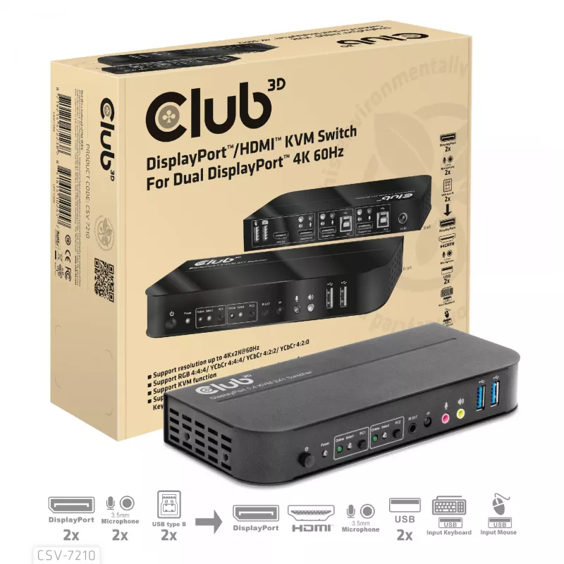CLUB3D DisplayPort/HDMI KVM Switch para Dual DisplayPort 4K 60Hz