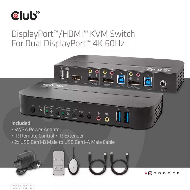 CLUB3D DisplayPort/HDMI KVM Switch para Dual DisplayPort 4K 60Hz