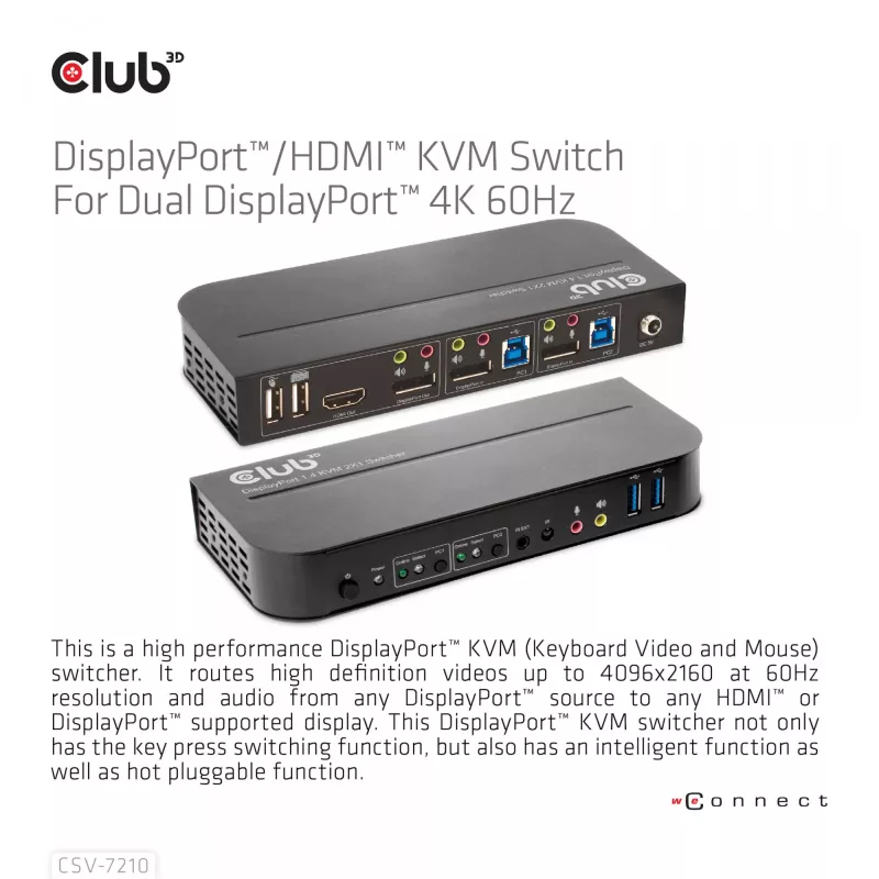 CLUB3D DisplayPort/HDMI KVM Switch para Dual DisplayPort 4K 60Hz