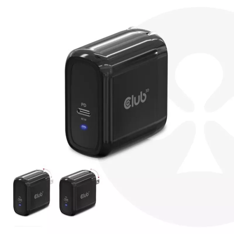 Cargador de viaje CLUB3D 65W tecnología GAN, puerto único USB Type-C, compatibilidad con Power Delivery (PD) 3.0