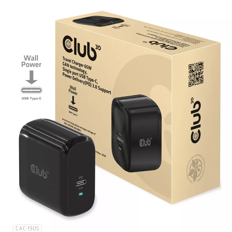 Cargador de viaje CLUB3D 65W tecnología GAN, puerto único USB Type-C, compatibilidad con Power Delivery (PD) 3.0