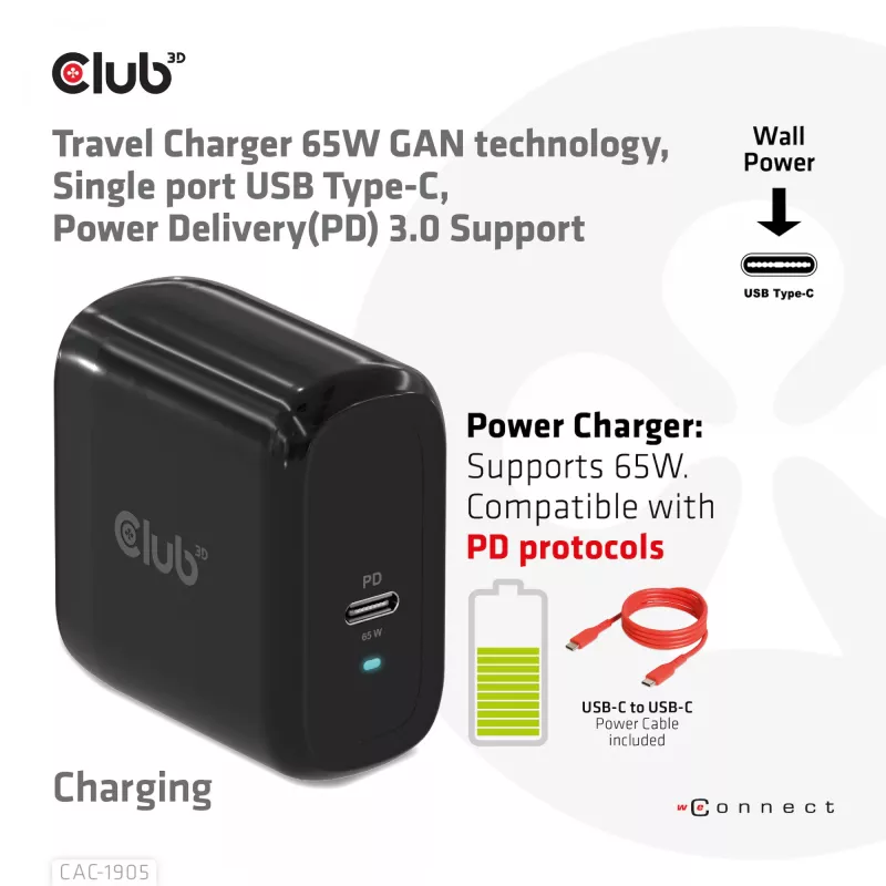 Cargador de viaje CLUB3D 65W tecnología GAN, puerto único USB Type-C, compatibilidad con Power Delivery (PD) 3.0