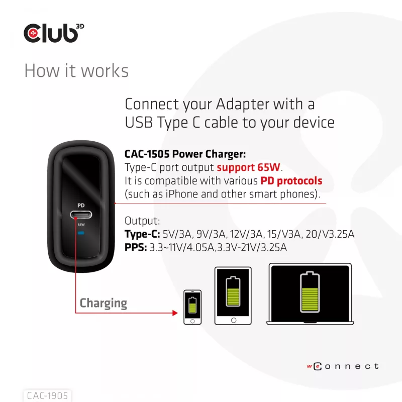 Cargador de viaje CLUB3D 65W tecnología GAN, puerto único USB Type-C, compatibilidad con Power Delivery (PD) 3.0
