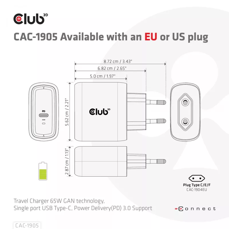 Cargador de viaje CLUB3D 65W tecnología GAN, puerto único USB Type-C, compatibilidad con Power Delivery (PD) 3.0