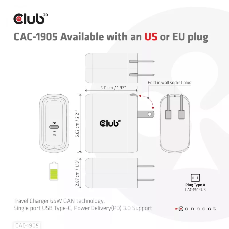 Cargador de viaje CLUB3D 65W tecnología GAN, puerto único USB Type-C, compatibilidad con Power Delivery (PD) 3.0