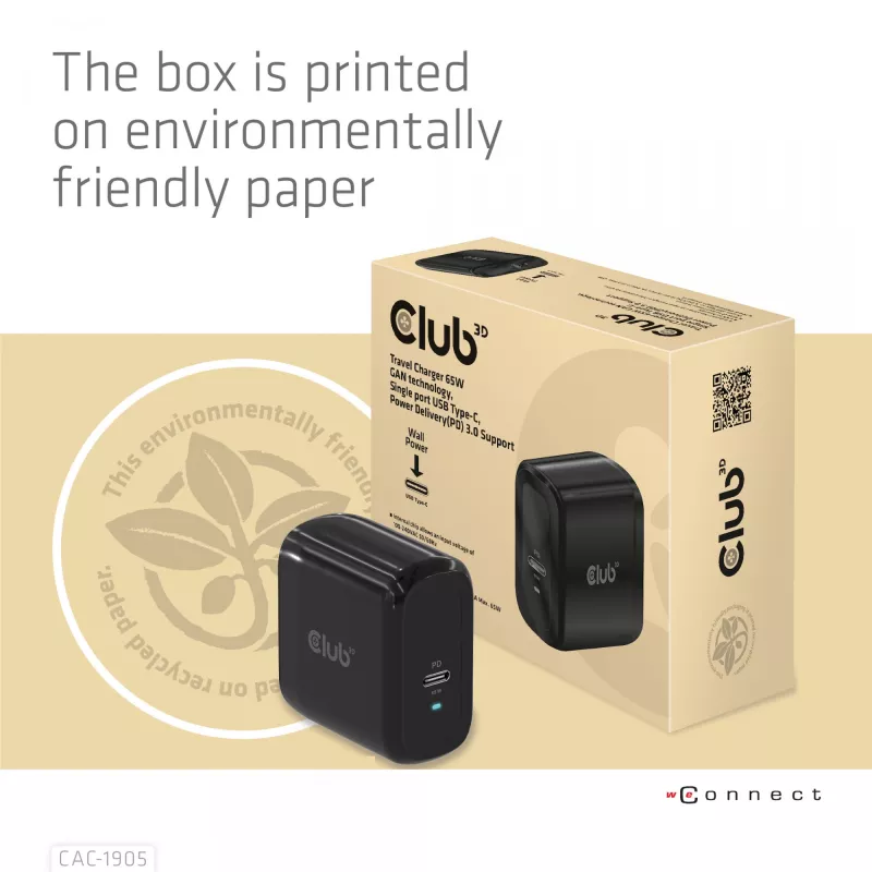 Cargador de viaje CLUB3D 65W tecnología GAN, puerto único USB Type-C, compatibilidad con Power Delivery (PD) 3.0