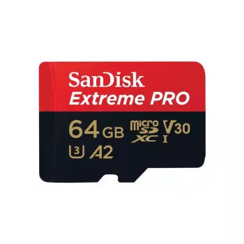 Memoria flash MicroSDXC SANDISK Extreme PRO 64GB UHS‑I U3 V30 A2, lectura 200 MB/s, escritura 90–140 MB/s, incluye adaptador SD