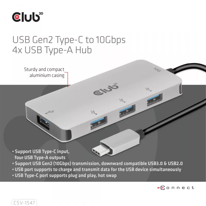 CLUB3D Hub USB-A de 4 puertos para USB-C – transferencia rápida de 10 Gbps
