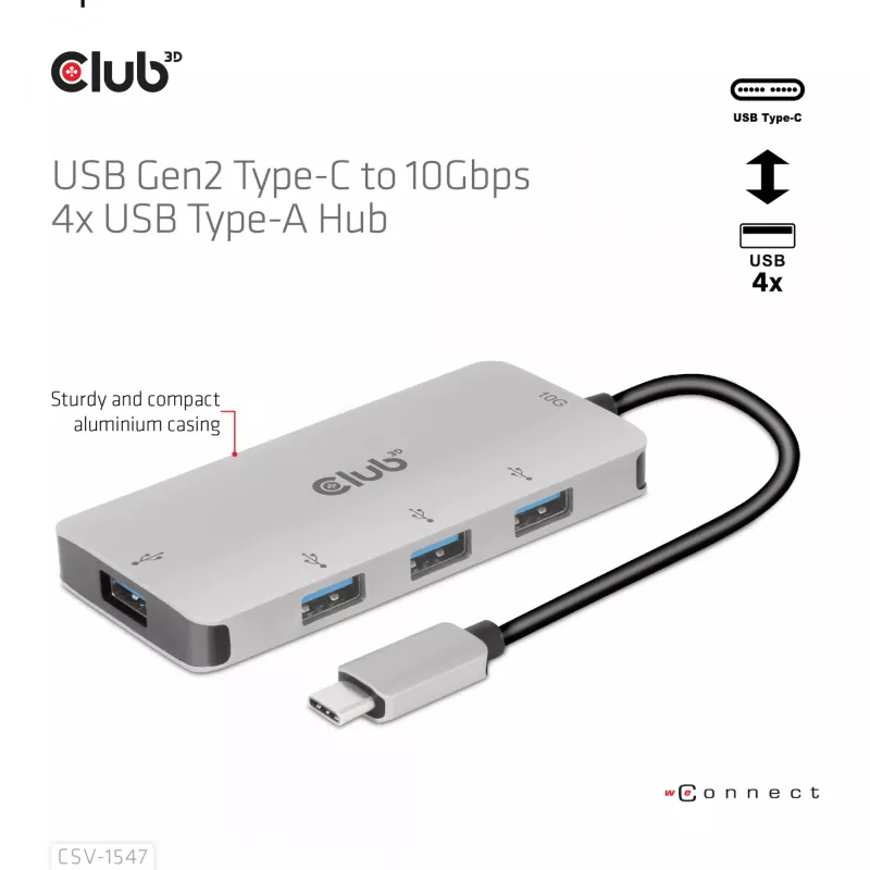 CLUB3D Hub USB-A de 4 puertos para USB-C – transferencia rápida de 10 Gbps