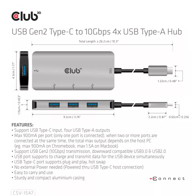 CLUB3D Hub USB-A de 4 puertos para USB-C – transferencia rápida de 10 Gbps