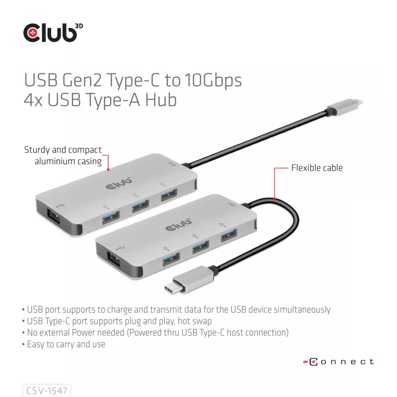 CLUB3D Hub USB-A de 4 puertos para USB-C – transferencia rápida de 10 Gbps