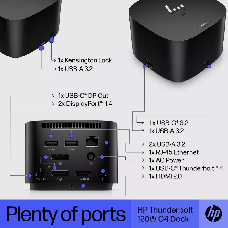 HP Thunderbolt Dock 120W G4, por cable, Thunderbolt 4, negro, Kensington, China, Tailandia, Taiwán, Business