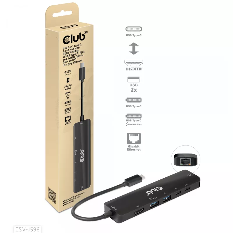 CLUB3D USB Gen1 Type-C, Hub 6 en 1 con HDMI 8K30Hz, 2xUSB Type-A, RJ45 y 2xUSB Type-C, Datos y carga PD 100 vatios