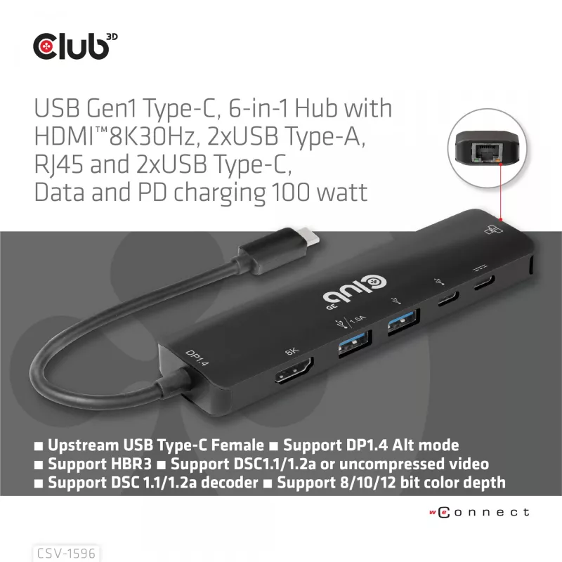 CLUB3D USB Gen1 Type-C, Hub 6 en 1 con HDMI 8K30Hz, 2xUSB Type-A, RJ45 y 2xUSB Type-C, Datos y carga PD 100 vatios