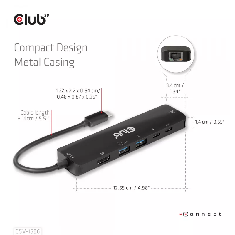 CLUB3D USB Gen1 Type-C, Hub 6 en 1 con HDMI 8K30Hz, 2xUSB Type-A, RJ45 y 2xUSB Type-C, Datos y carga PD 100 vatios
