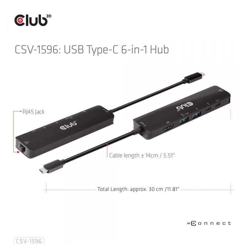 CLUB3D USB Gen1 Type-C, Hub 6 en 1 con HDMI 8K30Hz, 2xUSB Type-A, RJ45 y 2xUSB Type-C, Datos y carga PD 100 vatios