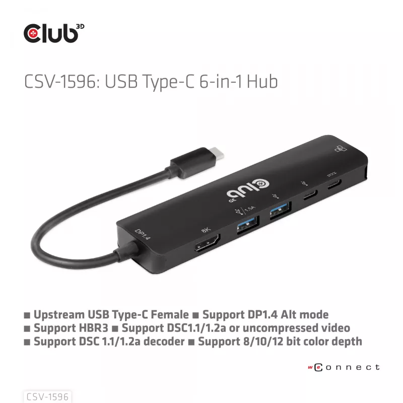 CLUB3D USB Gen1 Type-C, Hub 6 en 1 con HDMI 8K30Hz, 2xUSB Type-A, RJ45 y 2xUSB Type-C, Datos y carga PD 100 vatios