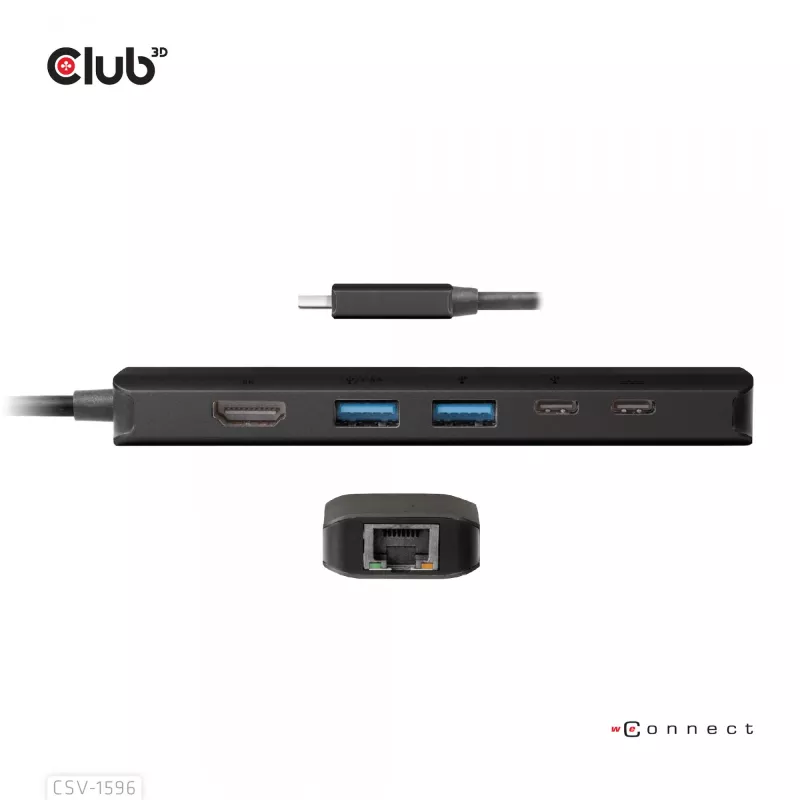 CLUB3D USB Gen1 Type-C, Hub 6 en 1 con HDMI 8K30Hz, 2xUSB Type-A, RJ45 y 2xUSB Type-C, Datos y carga PD 100 vatios