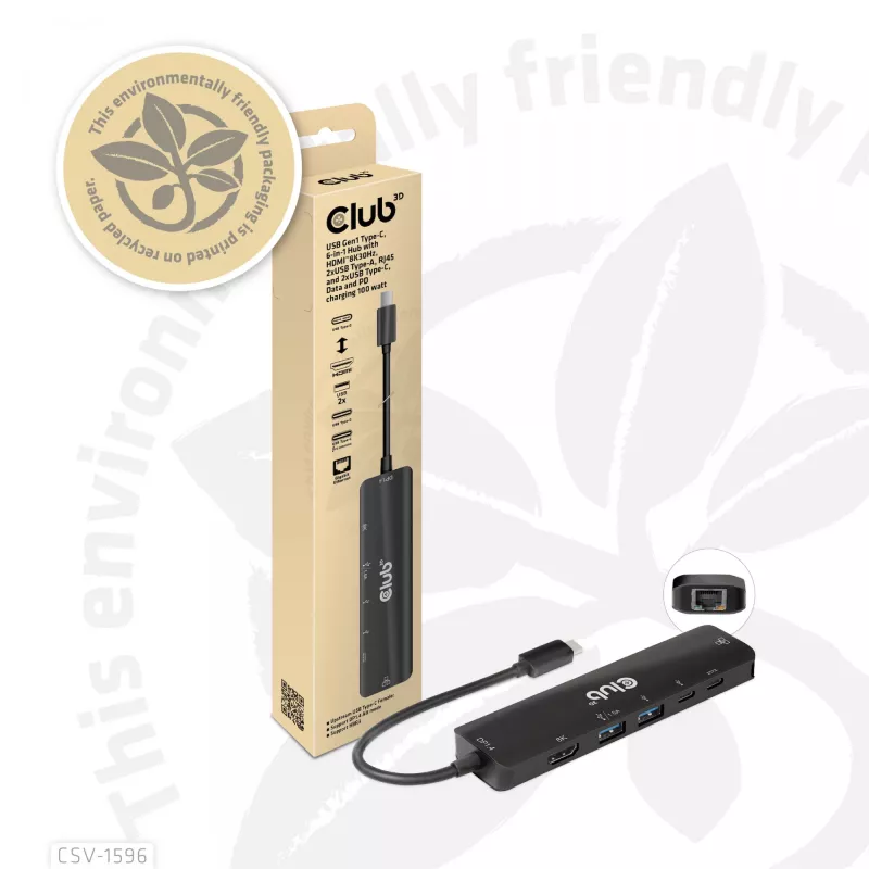 CLUB3D USB Gen1 Type-C, Hub 6 en 1 con HDMI 8K30Hz, 2xUSB Type-A, RJ45 y 2xUSB Type-C, Datos y carga PD 100 vatios