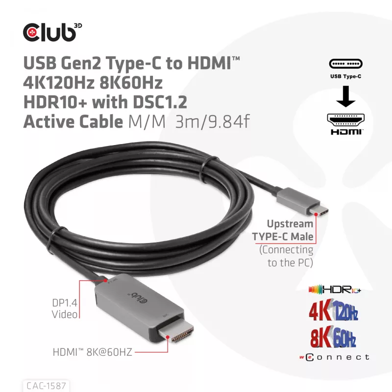 CLUB3D USB Gen2 Type-C a HDMI 4K120Hz 8K60Hz HDR10 con DSC1.2 cable activo M/M 3m / 9.84ft