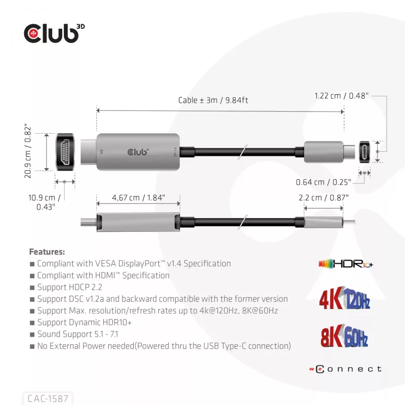 CLUB3D USB Gen2 Type-C a HDMI 4K120Hz 8K60Hz HDR10 con DSC1.2 cable activo M/M 3m / 9.84ft