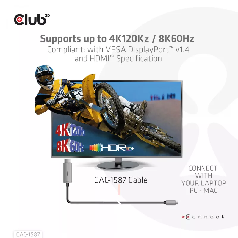 CLUB3D USB Gen2 Type-C a HDMI 4K120Hz 8K60Hz HDR10 con DSC1.2 cable activo M/M 3m / 9.84ft