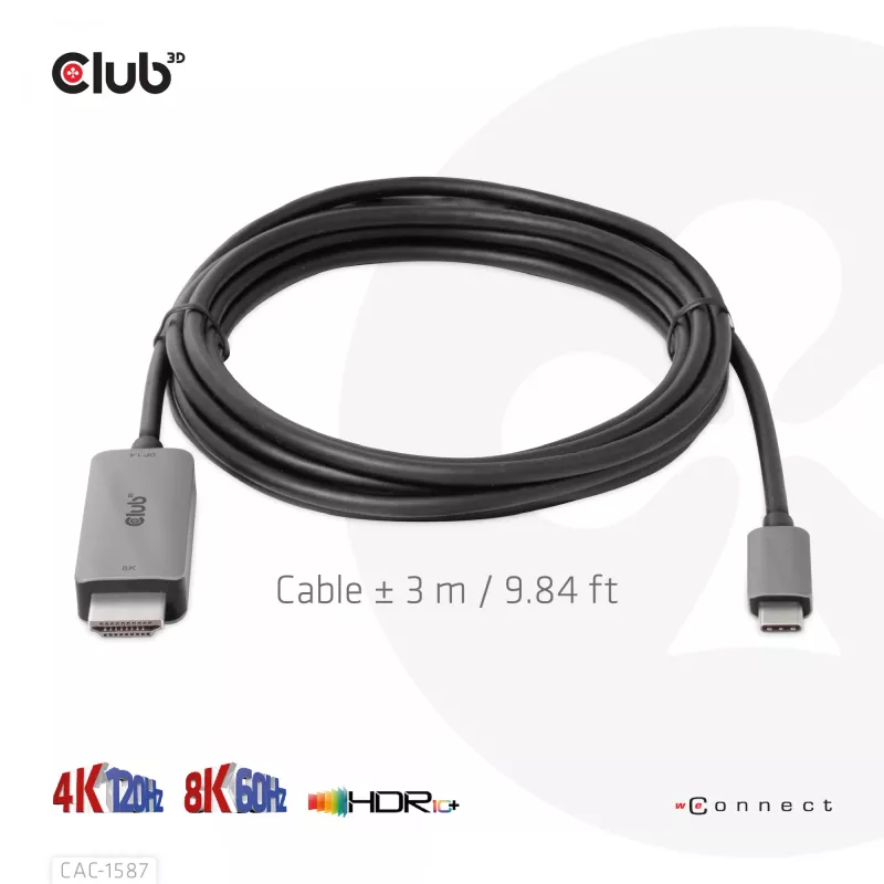 CLUB3D USB Gen2 Type-C a HDMI 4K120Hz 8K60Hz HDR10 con DSC1.2 cable activo M/M 3m / 9.84ft