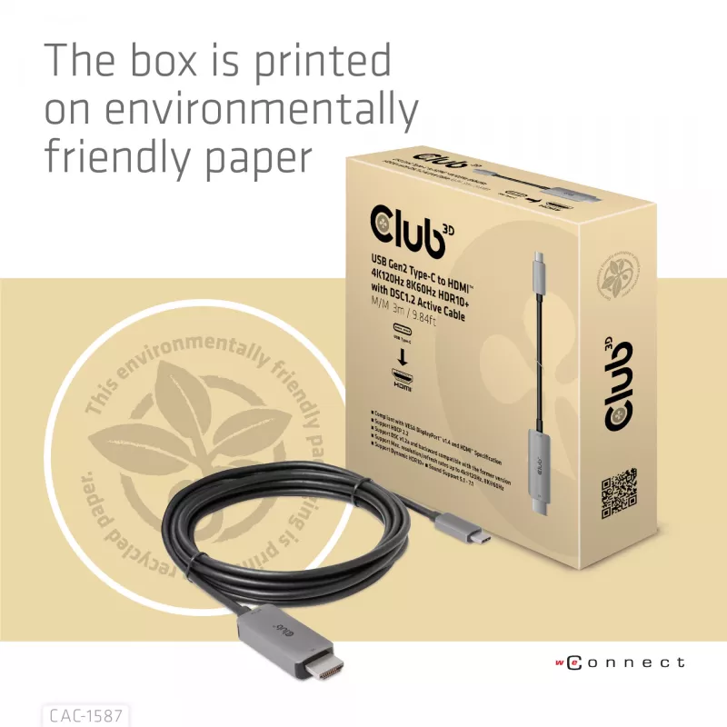 CLUB3D USB Gen2 Type-C a HDMI 4K120Hz 8K60Hz HDR10 con DSC1.2 cable activo M/M 3m / 9.84ft