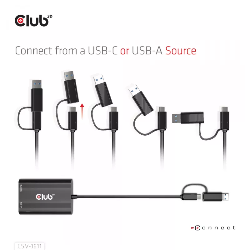 CLUB3D USB Gen1 Type-C/-A a Dual HDMI (4K/30Hz) / VGA (1080/60Hz)