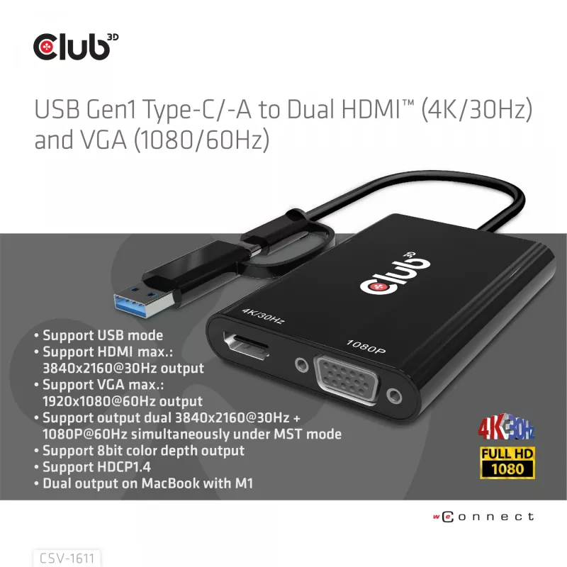 CLUB3D USB Gen1 Type-C/-A a Dual HDMI (4K/30Hz) / VGA (1080/60Hz)