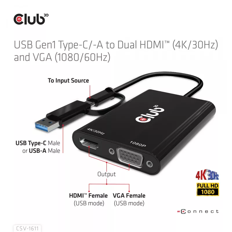 CLUB3D USB Gen1 Type-C/-A a Dual HDMI (4K/30Hz) / VGA (1080/60Hz)