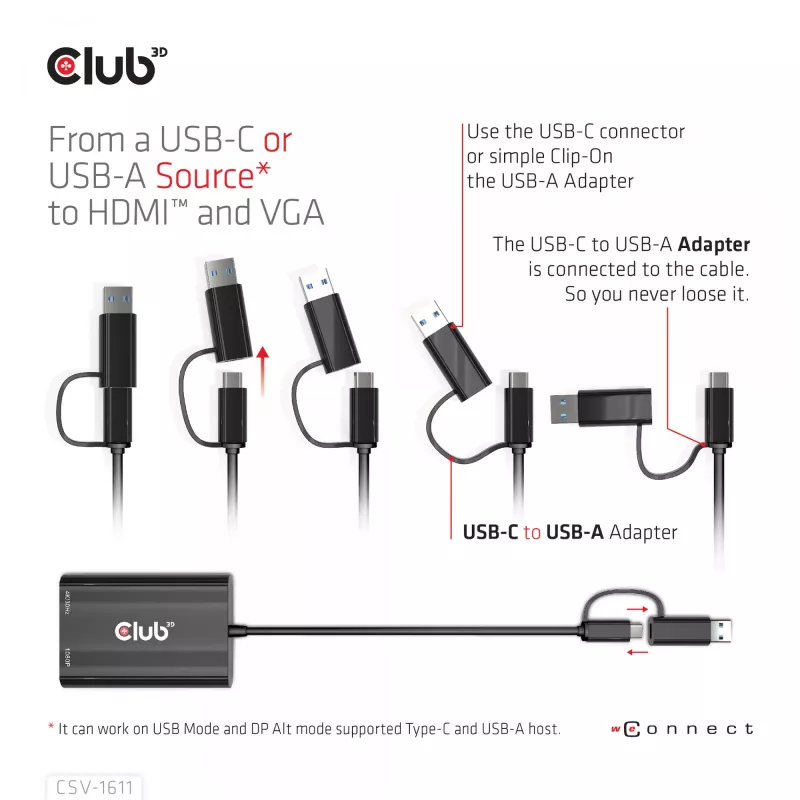 CLUB3D USB Gen1 Type-C/-A a Dual HDMI (4K/30Hz) / VGA (1080/60Hz)
