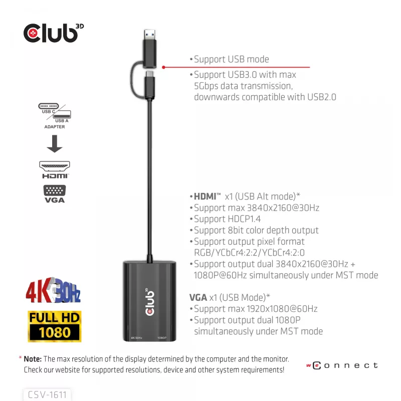 CLUB3D USB Gen1 Type-C/-A a Dual HDMI (4K/30Hz) / VGA (1080/60Hz)