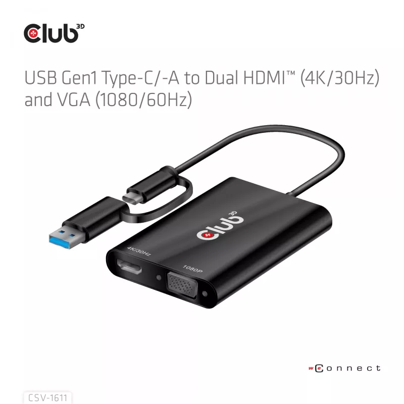 CLUB3D USB Gen1 Type-C/-A a Dual HDMI (4K/30Hz) / VGA (1080/60Hz)