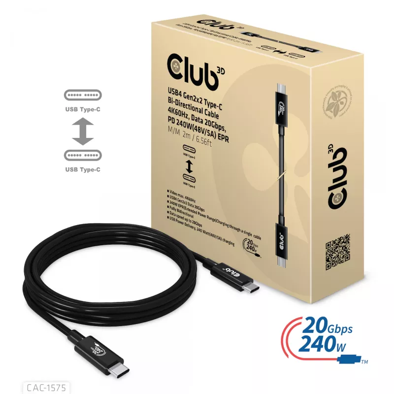 CLUB3D USB4 Gen2x2 Cable Type-C bidireccional 4K60Hz, Datos 20Gbps, PD 240W(48V/5A) EPR M/M 2m
