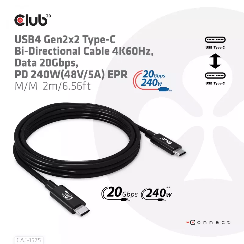 CLUB3D USB4 Gen2x2 Cable Type-C bidireccional 4K60Hz, Datos 20Gbps, PD 240W(48V/5A) EPR M/M 2m