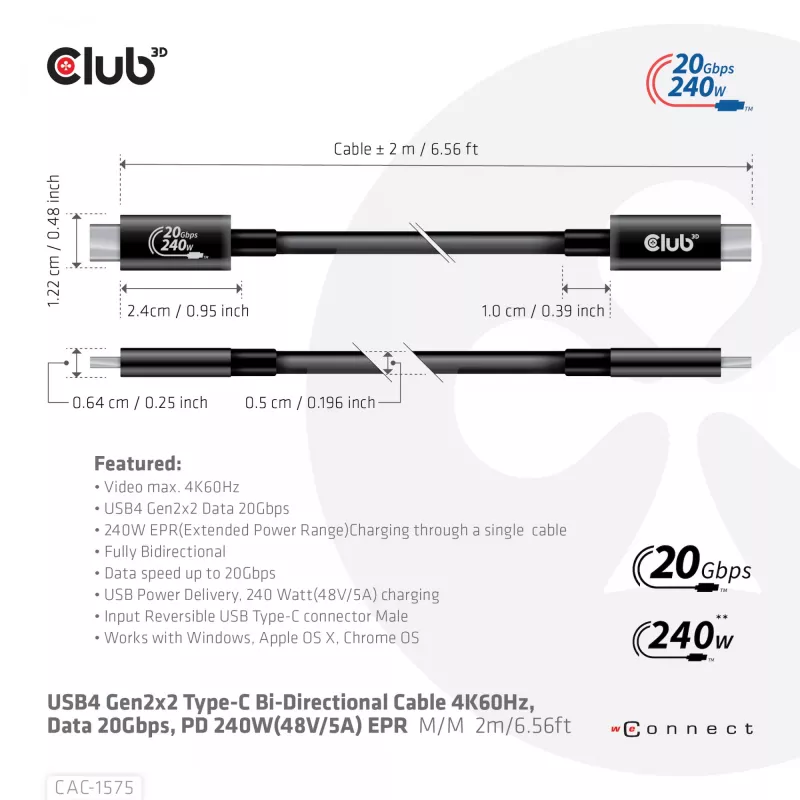 CLUB3D USB4 Gen2x2 Cable Type-C bidireccional 4K60Hz, Datos 20Gbps, PD 240W(48V/5A) EPR M/M 2m